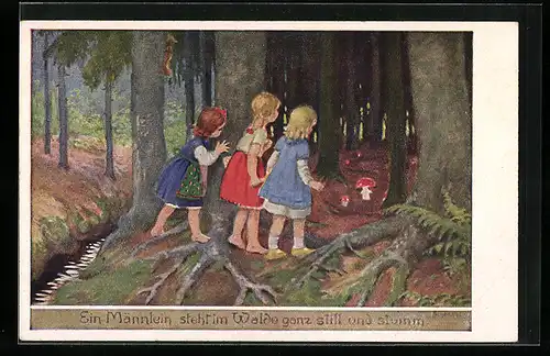 Künstler-AK Franziska Schenkel: Ein Männlein steht im Walde..., Drei Mädchen sehen im Wald Fliegenpilze