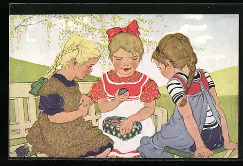 Künstler-AK Franziska Schenkel: Drei Mädchen betrachten ihre gefundenen Ostereier