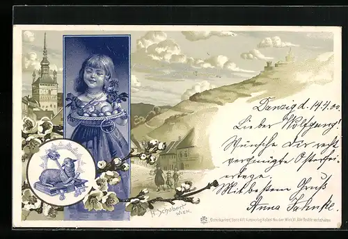 Künstler-AK H. Schubert: Kleines Mädchen mit einem Kaninchen in der Schale