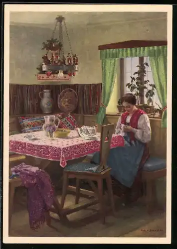 Künstler-AK Karl Maria Schuster: Dame in Stube beim Stricken, Reklame für Indanthren