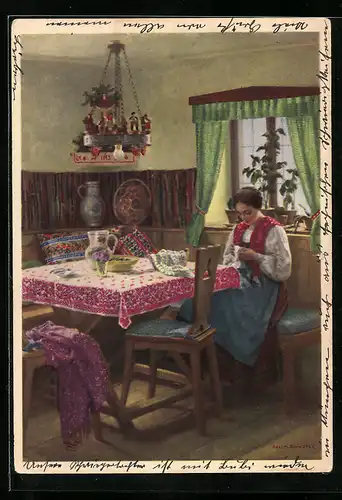 Künstler-AK Karl Maria Schuster: Dame in Stube beim Stricken, Reklame für Indanthren