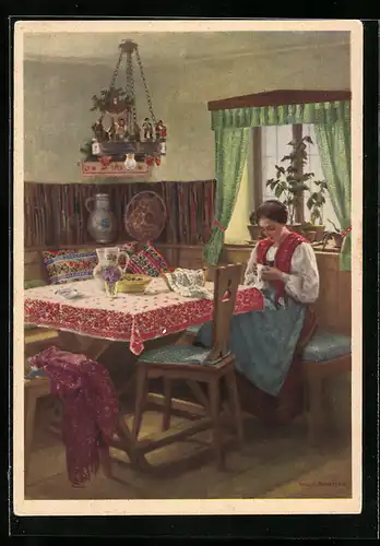 Künstler-AK Karl Maria Schuster: Dame in Stube beim Stricken, Reklame für Indanthren