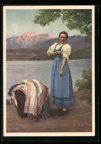 Künstler-AK Karl Maria Schuster: Indanthren, Mit Lust und Freude, Waschfrau