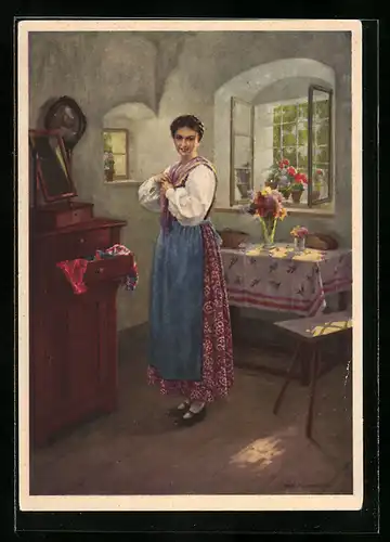 Künstler-AK Karl Maria Schuster: Indanthren, Für Kleid und Heim, Reklame