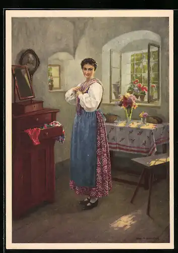 Künstler-AK Karl Maria Schuster: Indanthren, Für Kleid und Heim, Reklame