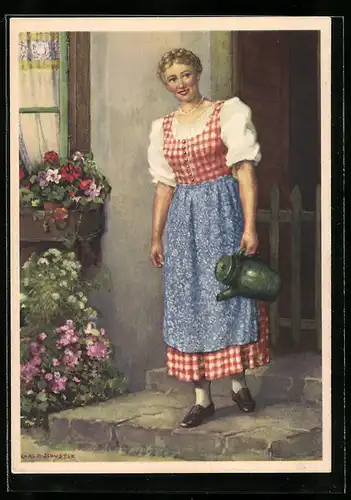 Künstler-AK Karl Maria Schuster: Dame in Tracht mit Kanne, Reklame für Indanthren