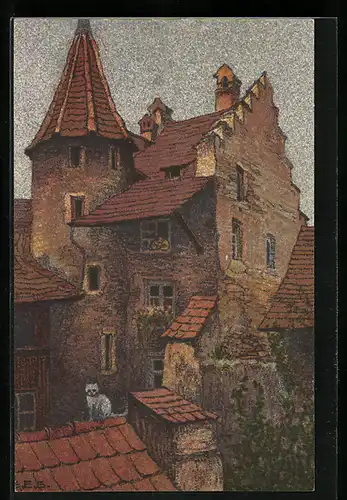 Künstler-AK Ernst E.Schlatter: Hofinneres an der Rössligasse, Katze