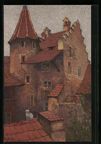 Künstler-AK Ernst E.Schlatter: Hofinneres an der Rössligasse, Katze