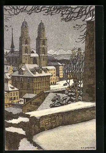 Künstler-AK Ernst E. Schlatter: Zürich, Grossmünster im trüben Winterlicht