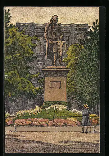 Künstler-AK Ernst E. Schlatter: Zürich, Partie am Pestalozzi-Denkmal