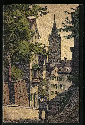 Künstler-AK Ernst E. Schlatter: Zürich, Pfalzgasse mimt St. Peter