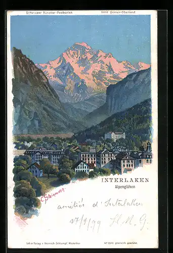 Künstler-AK C. Steinmann Nr. 2040: Interlaken, Ortsansicht mit Alpenglühen