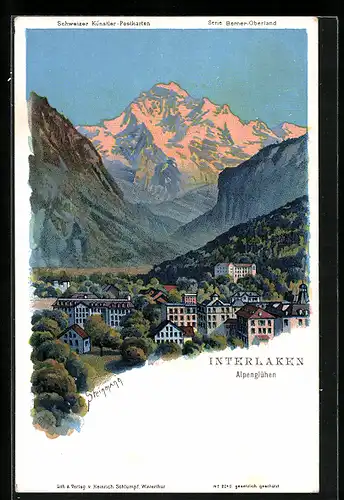 Künstler-AK C. Steinmann Nr. 2040: Interlaken, Ortsansicht mit Alpenglühen