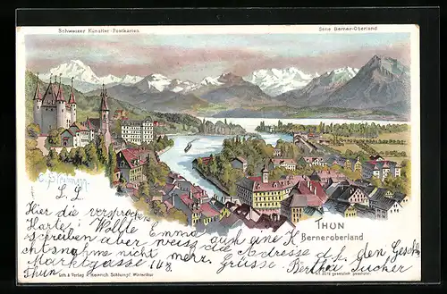 Künstler-AK C. Steinmann, Nr. 2072: Thun, Teilansicht der Stadt gegen die Alpen