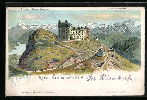 Künstler-AK C. Steinmann: Rigi-Kulm mit Bergbahn