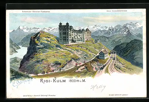 Künstler-AK C. Steinmann: Rigi-Kulm mit Bergbahn