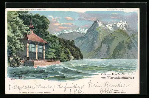 Künstler-AK C. Steinmann Nr. 2045: Tellskapelle am Vierwaldstättersee, Blick auf die Berge