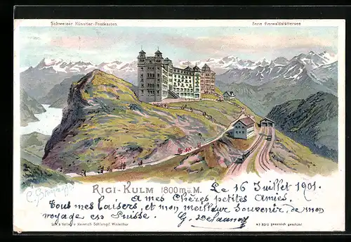 Künstler-AK C. Steinmann: Rigi-Kulm mit Bergbahn