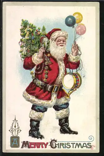 Präge-AK Weihnachtsmann mit Geschenken zum Fest