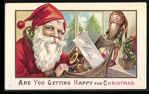 Präge-AK Weihnachtsmann mit Zwerg und Geschenken