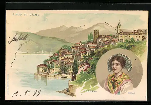 Lithographie Corenno, Costume, Panorama, Lago di Como