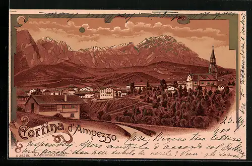 Mondschein-Lithographie Cortina d`Ampezzo, Panorama, Kirche