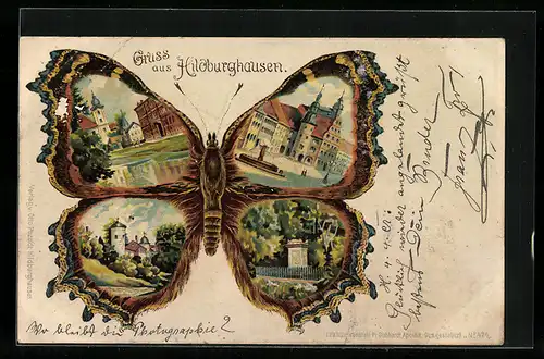 Schmetterlings-AK Hildburghausen, Markt mit Brunnen, Denkmal, Schloss