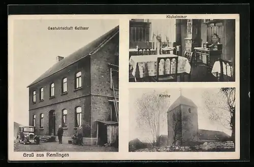 AK Remlingen, Gastwirtschaft Geilhaar, Innenansicht Klubzimmer, Kirche