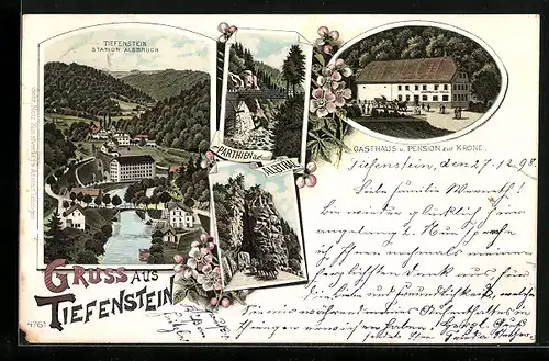 Lithographie Tiefenstein, Gasthaus und Pension zur Krone, Gesamtansicht
