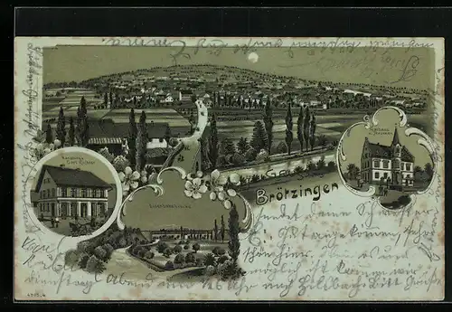 Lithographie Brötzingen, Handlung Carl Richter, Totalansicht, Rathaus mit Brunnen, Eisenbahnstrasse