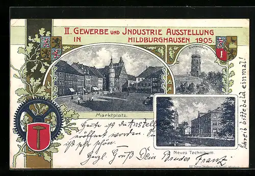 AK Hildburghausen, II. Gewerbe- und Industrie-Ausstellung 1905, Marktplatz, Neues Technikum, Wappen