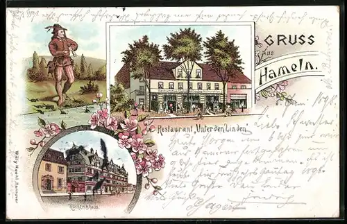 Lithographie Hameln, Restaurant Unter den Linden, Hochzeitshaus, Rattenfänger