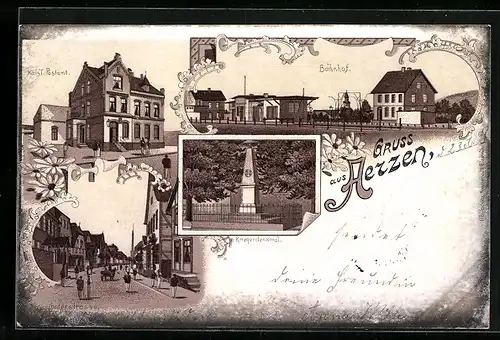 Lithographie Aerzen, Bahnhof, Kaiserliches Postamt, Kriegerdenkmal, Osterstrasse