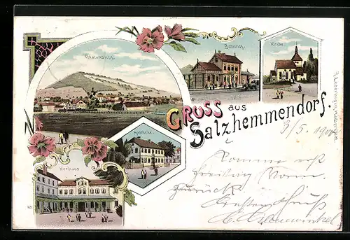 Lithographie Salzhemmendorf, Bahnhof, Totalansicht, Kirche, Apotheke