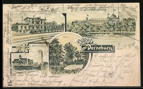 Lithographie Derneburg, Bahnhof, Schloss des Fürsten zu Münster, Park