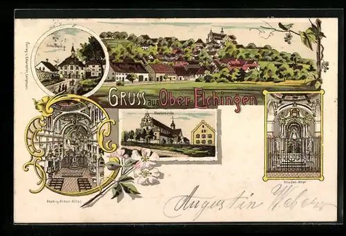 Lithographie Ober-Elchingen, Klosterkirche, Gnaden-Altar, Schulhaus, Totalansicht