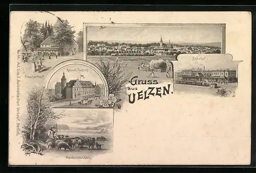 Passepartout-AK Uelzen, Panorama des Ortes, Fischerhof, Postamt