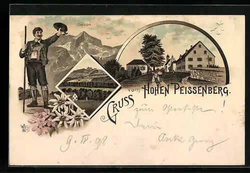 Lithographie Hohenpeissenberg, Ortspartie mit Kirche, Mann in Tracht und Zugspitze, Panorama