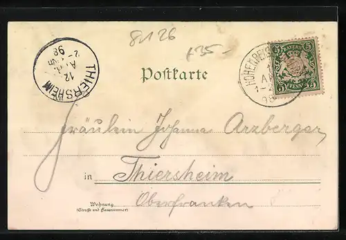 Lithographie Hohenpeissenberg, Ortspartie mit Kirche, Mann in Tracht und Zugspitze, Panorama