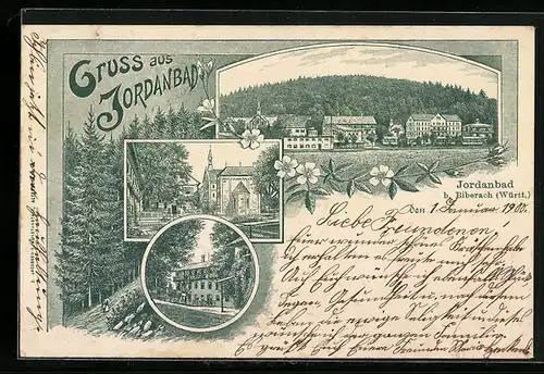 Lithographie Jordanbad bei Biberach, Ortsansicht, Strassenpartie