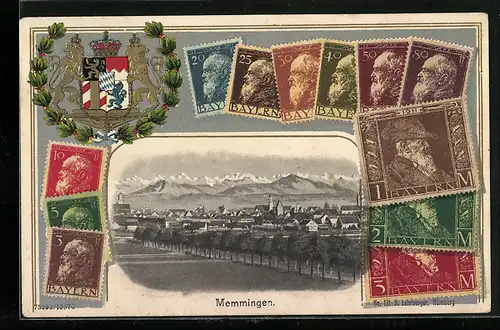 Präge-Lithographie Memmingen, Bayerische Briefmarken, Totalansicht, Wappen