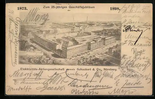 Lithographie Nürnberg, Elektrizitäts-Aktiengesellschaft Schuckert & Co., Gesamtansicht, 25. Geschäftsjubiläum 1898