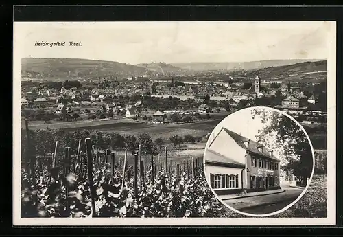 AK Heidingsfeld, Metzgerei, Konditorei & Cafe v. August Pfriem, Panorama v. d. Weinreben