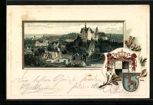 Passepartout-Lithographie Sigmaringen, Teilansicht mit Schloss, Wappen