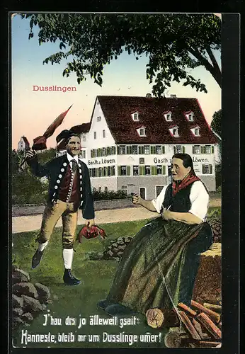 AK Dusslingen, Gasthaus zum Löwen, Mann und Frau in Tracht