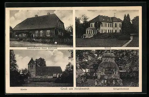 AK Holdenstedt, Geschäftshaus Ernst Hillmann, Kriegerdenkmal, Schloss, Kirche