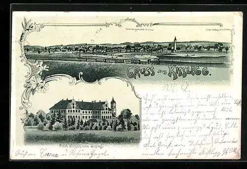 Lithographie Kisslegg, Fürstl. Wurzachsches Schloss, Ortsansicht mit Dampfzug