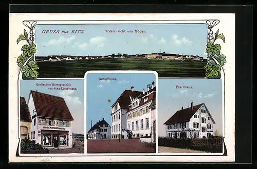 AK Bitz, Gemischtes Warengeschäft v. Anna Konzelmann, Schulhaus, Pfarrhaus, Ortsansicht