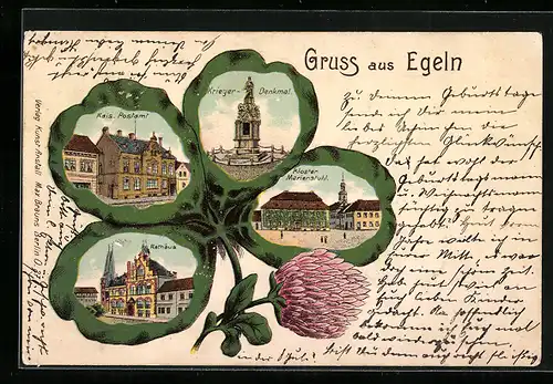 Lithographie Egeln, Kais. Postamt, Kriegerdenkmal, Kloster Marienstuhl, Rathaus