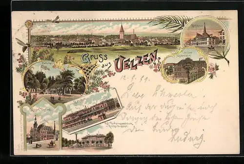 Lithographie Uelzen, Bahnhof, Kaiserl. Postamt, Rathaus, Fischerhof
